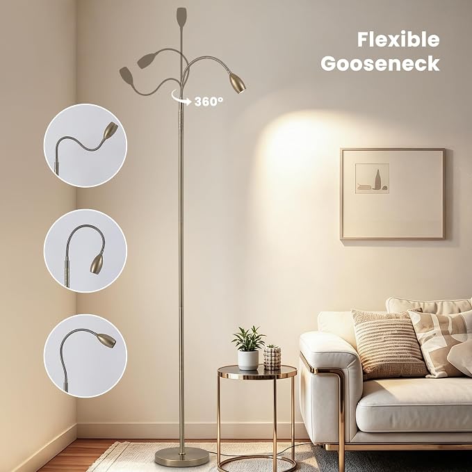 Reading Floor Lamp, Dimmable LED Floor Lamp with Remote, Standing Lamp with Flexible Gooseneck, Zoomable Spotlight, Reading light, Task Crafting Tall Lamps for Living Room Office Bedroom(Brass)
