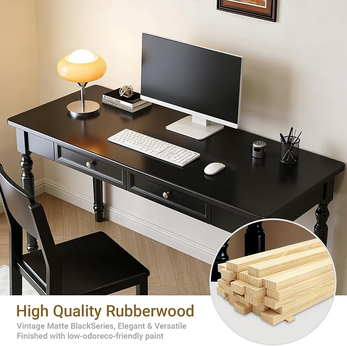 Rubberwood Office Desk with Drawers, Black Retro Style Study Desk, Desk, Country Style Wood Desk, Solid Wood Computer Table for Office,Living Room 55.1×23.6×29.5 inch