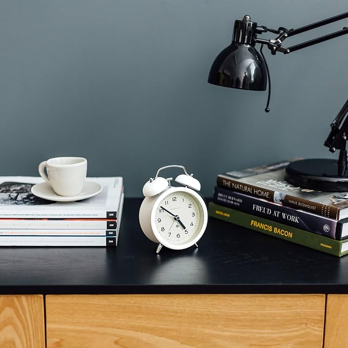 NEWGATE® Charlie Bell Echo Alarm Clock | Modern take on Classic Twin Bell Clock | White | Easy to Read Numbers | Ideal for Bedside, Desk or Shelf | Modern Retro Bedroom & Office Accessory