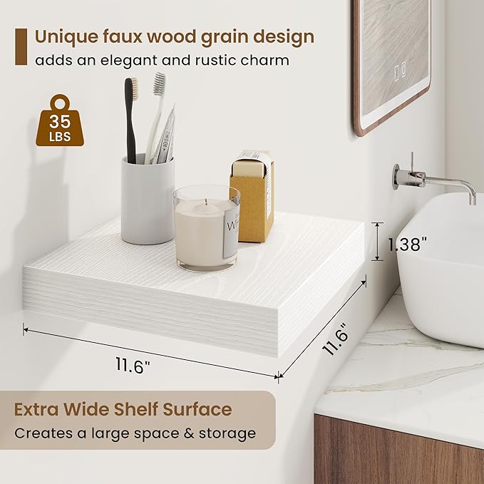 Marsmiles Square Floating Shelves for Wall, 12" W x 12" D x 1.5" H, 3 Pack Small Wall Mounted Engineered Wood Shelves with Invisible Brackets for Living Room, Bedroom, Bathroom, Kitchen Decor, White