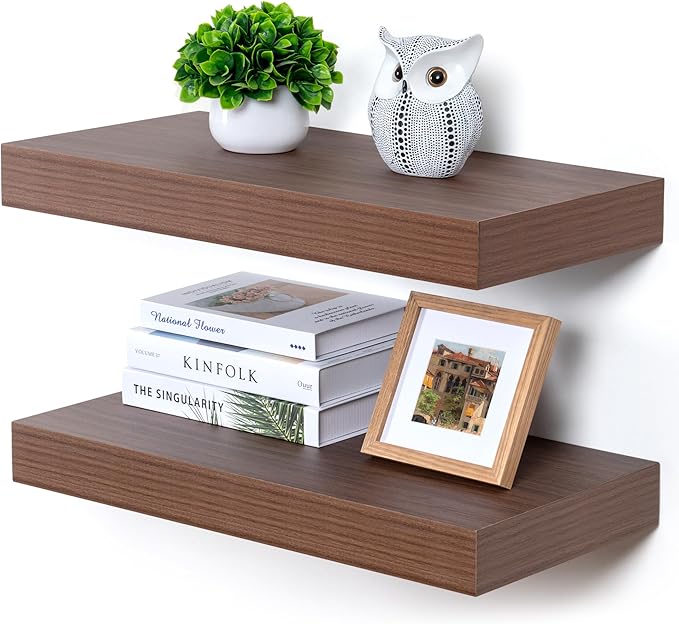 Deep Floating Shelves | 24 Inch Walnut Floating Shelves Set of 2 | 12 Inch Deep Rustic Wood Shelves for Wall | 24" W x 12" D Walnut Shelves for Living Room Bathroom Laundry Room Kitchen