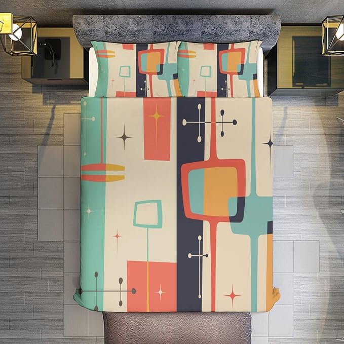 Mid Century Duvet Cover Queen Retro Atomic Bedding Set, Rainbow Grid Comforter Cover Vintage Fifties 1950s Bed Set，Abstract Art Bedding 3 Piece (1 Duvet Cover 102"x90" + 2 Pillow Sham 20"x30")
