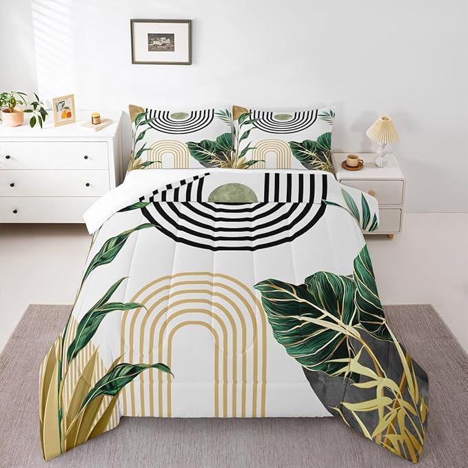Erosebridal Boho Mid Century Bedding Set King Vintage Minimalist Art Comforter Set for Women Men Adults Abstract Tropical Aesthetic Down Comforter Retro Botanical Leaves Sun Bed Set Bedroom Decor