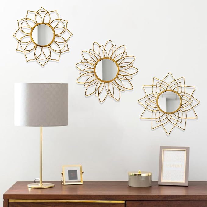 Champagne Gold Round Mirrors for Wall Pack of 3 - | 9 inch Decorative Mirrors for Valentine Wall Decor& Vintage Room Decor | Circle Mirror Modern Valentine Gifts for Women & Moms
