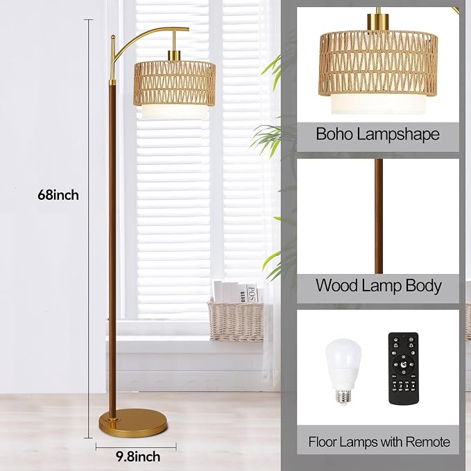 ILLMTW Rattan Floor Lamp for Living Room,Bedroom,Boho Wood Standing Lamp with Remote Dimmable,Vintage Mid Century Modern Gold Tall Lamp Wicker Lamp Shade Floor Lights Bohemian Tiffany Style