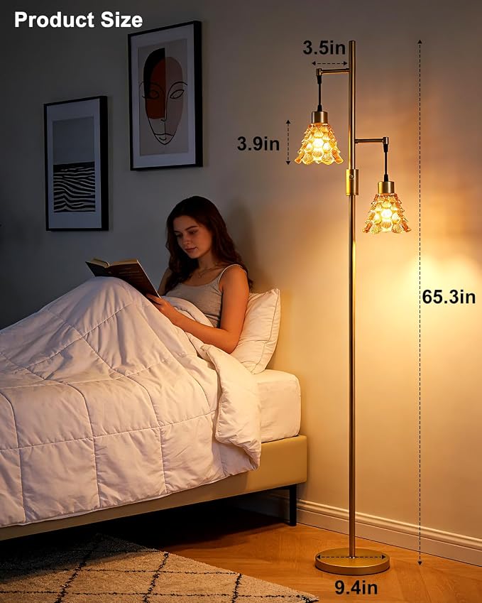 2-Light Modern Glass Floor Lamp, Gold Standing Tall Lamp with Amber Shell Glass Shade, Dimmable LED Floor Lamp with 5Lbs Heavy Base for Living Room Bedroom Home Decor, Bulb Included