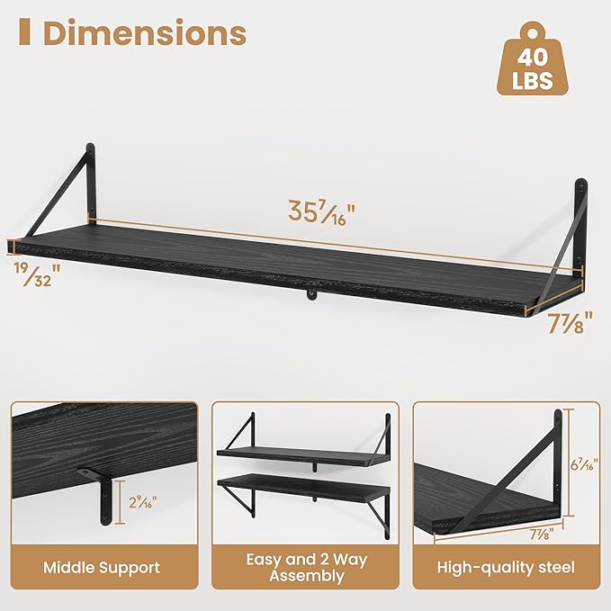 Heimlove Floating Book Shelves for Wall,35.4 Inches Long Wall Mounted Bookshelves,Heavy Duty Bracket Shelves for Living Room Kitchen,Laundry Room Storage & Decor,Set of 3,Black
