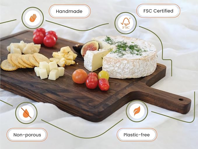 Premium American Dark Walnut Wood Cutting and Serving Board with Handle - Charcuterie Wooden Board - Durable, Stylish, and Versatile - Juice Groove - 19x11x0.8 in - Woodie Poppins (Large)