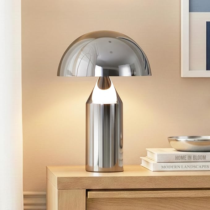 Brightech Venus 14" Globe Table Lamp – Modern Mid-Century Lamp with Golden Metal Shade – Nightstand, Bedside, Desk & Accent Table Lighting for Bedroom, Living Room & Office Décor - Chrome/Silver