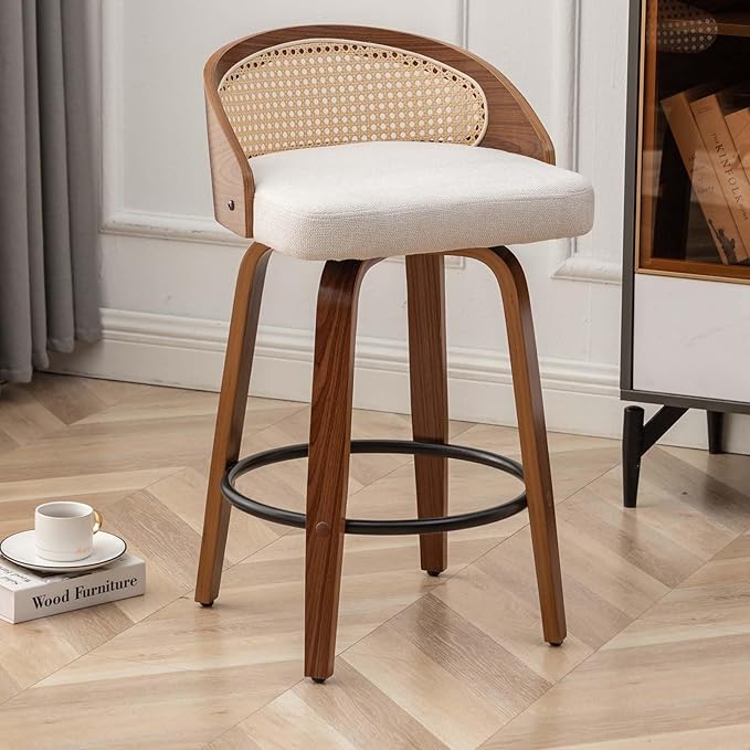 30" Swivel Rattan Bar Stools,Mid-Century Modern Beige Linen Fabric Upholstered Counter Height Stools,Kitchen Island Barstools with Rattan Low Backrest,Walnut Wood Finish Bar Chair,1PCS