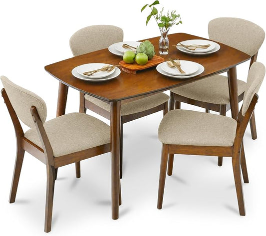 Best Choice Products 5-Piece Dining Set, Compact Mid-Century Modern Table & Chair Set for Home, Apartment w/ 4 Chairs, Padded Seats & Backrests, Wooden Frame - Walnut/Oatmeal