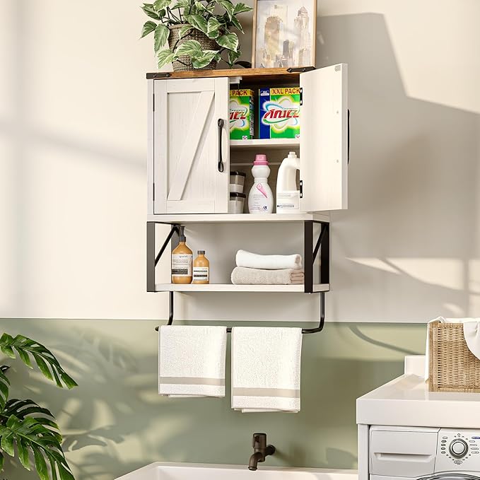 VINGLI Small Bathroom Medicine Cabinet with Tower Bar 7.1"D x 15.4"W x 23.3"H Farmhouse Wall Cabinet Over Toilet Storage with Adjustable Shelf Wall Mounted for Bathroom Kitchen (Rustic White & Brown)