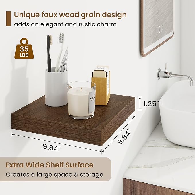 Square Floating Shelves for Wall, 9.25"W x 9.25"D x 1.25"H, 3 Pack Small Wall Mounted Engineered Wood Shelves with Invisible Brackets for Living Room, Bedroom, Bathroom, Kitchen Decor, Walnut