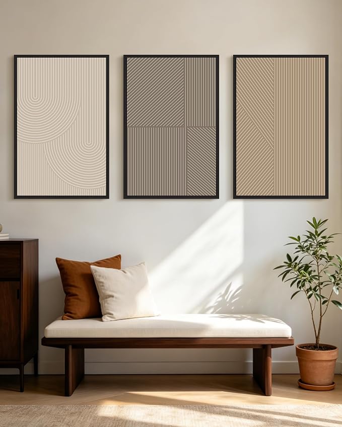 KUVIOKE Minimalist Abstract Bohemian Framed Wall Art Modern Boho Neutral Line Wall Decor Geometric Artwork Bedroom Dining Room 24x36in (Black Framed)