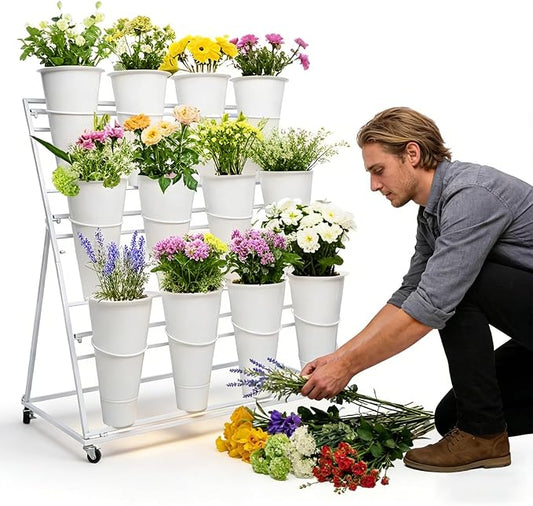 3-Tier Flower Display Stand with 12 Buckets, Heavy Duty Metal Flower Plant Cart with Wheels, Indoor Large Capacity Flower Bar Florist bucket Rack, Moving Florist Bouquet Shelf for Wedding Garden (A, 39.6*23.7*40.6in)