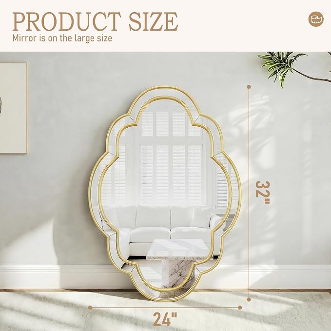 Gold Oval Mirror - 24"x32" Gold Scalloped Edge Mirrors with Beveled Glass Frame, Wall Decor Mirror for Living Room, Bedroom, Entryway,Hallway