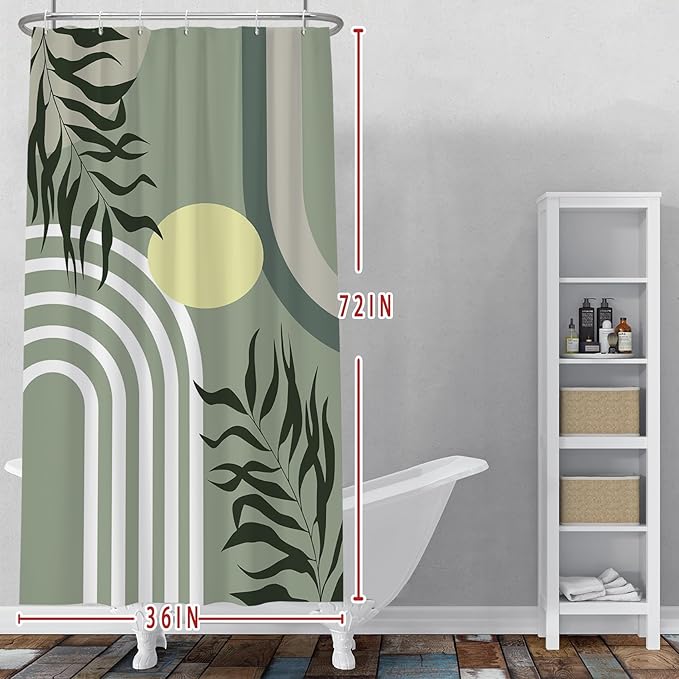 Baocicoo Green Minimalism Boho Shower Curtain Mid Century Abstract Sun Shower Curtain for Bathroom Modern Hostel Hotel Durable Polyester Waterproof Curtain for Bathroom with Hooks 36x72 Inches