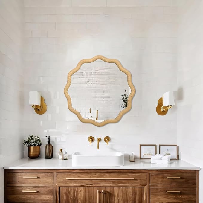 FUIN 20" Round Rattan Wall Mirror, Scalloped Wavy Wicker Frame – Handwoven Natural Boho Decor for Bathroom Vanity, Nursery & Entryway – Distortion-Free Glass