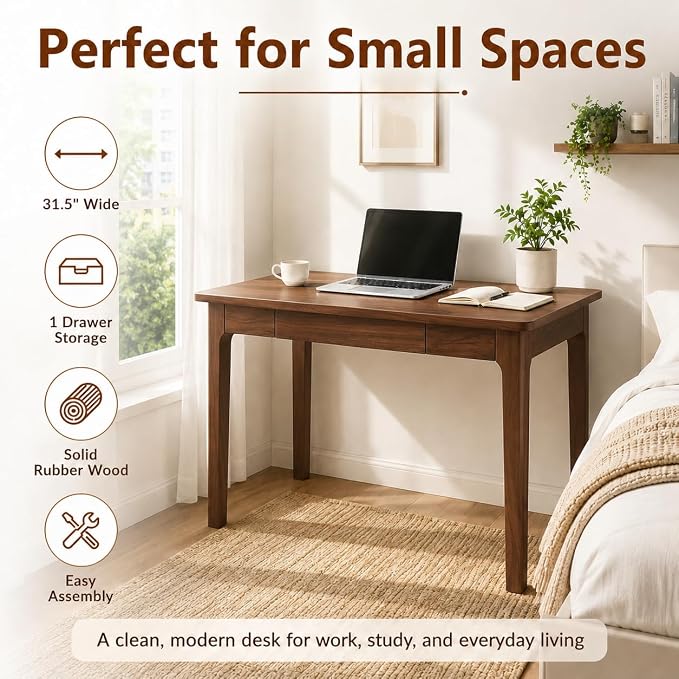 Mid Century Modern Desk with Drawers,31.5 inch Solid Wood Writing Desk for Home Office Bedroom,Small Computer Desk for Spaces Easy Assembly Walnut