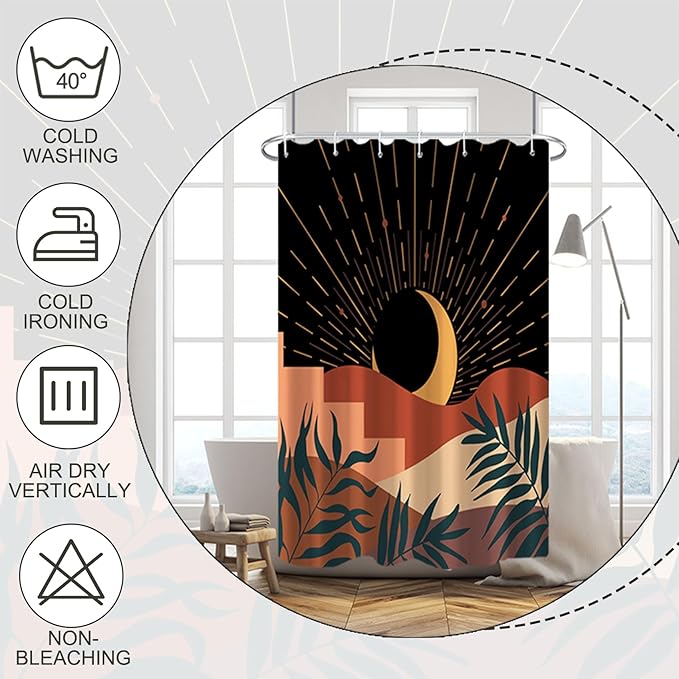 Baocicoo Boho Abstract Moon Shower Curtain Mid Century Sunset Mountain Shower Curtain for Bathroom Minimalist Aesthetic Bathroom Decorations Waterproof Curtain for Bathroom with Hooks 36x72 Inches