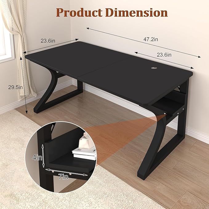 47 X 23.6'' Computer Desk, Home Office Desks w/Shelf Storage, Computer Desk w/Metal Frame, Cable Management, Study Student Desk Writing Work Table Deeper & Thicker Desktop for Home Bedroom