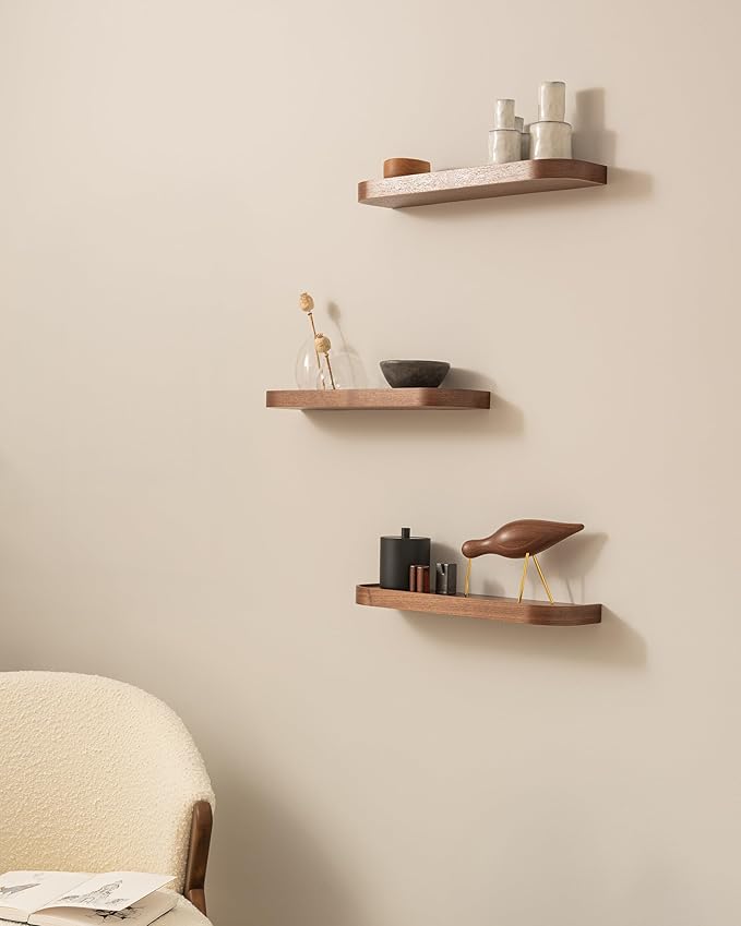 Kazai.® 18.5 inches Floating Shelves for Wall 'Toke' | Set of 3 Small Mounted Wooden Shelf Units | Modern Wall Decor & Storage for Living Room, Bathroom, Kitchen, Bedroom & More | Walnut