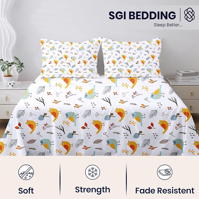SGI bedding RV Short Queen Sheet Set 60x75, 600 TC Egyptian Cotton, 4 Piece Luxury Hotel Collection, Ultra Soft & Breathable, Fits RV Mattress Camper & Trailer, 15 Inch Pocket, Spring Bird