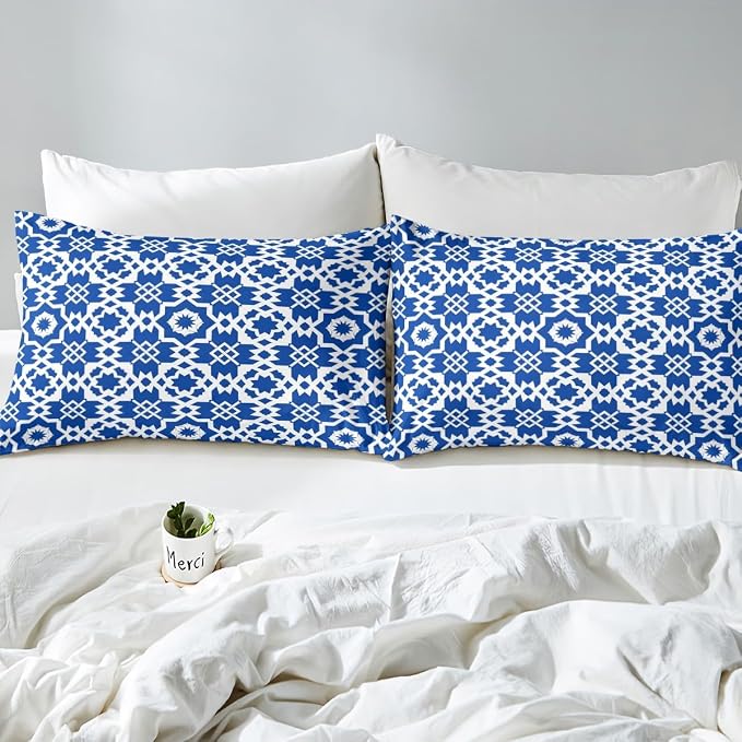 Erosebridal Blue Geometric Floral Duvet Cover Twin for Kids Boys Girls,Elegant Retro Floral Comforter Cover,Abstract Flower Art Bedding Set,Modern Aesthetic Bed Set with 1 Pillowcase Bedroom Decor