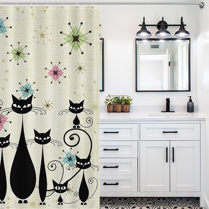 Mid Century Black Cat Shower Curtain,Retro Funny Atomic Cat Modern Abstract Geometric Iconic Pattern Bathroom Curtain Polyester Waterproof Fabric Decor 72x72in（183x183cm）