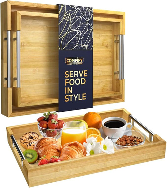 Comfify Decorative Bamboo Serving Trays with Silver Stainless Steel Handles – 2-Piece Set for Coffee Table, Ottoman, Breakfast in Bed, Jewelry & Decor Organization – 12"x17" – Pure Bamboo Finish