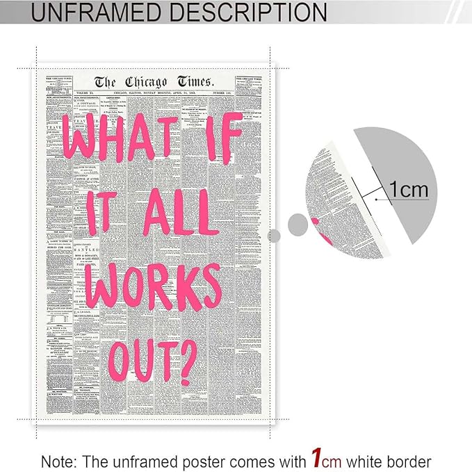 Drimiler What If It All Works Out Poster Retro Newspaper Pink Font Canvas Wall Art Positive Affirming Quote Minimalist Prints Painting For Home Bedroom Dorm Wall Decor 24x36in Unframed