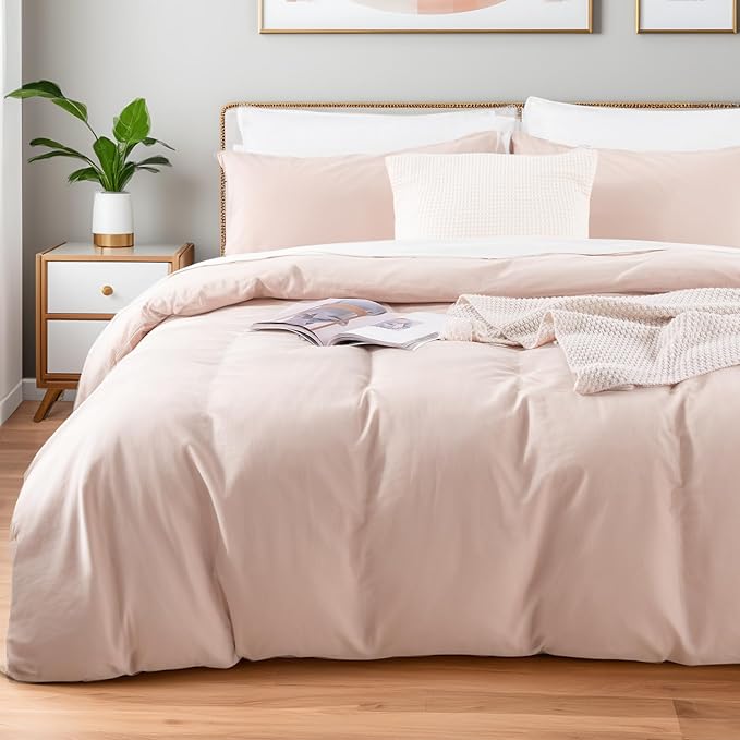 NEXHOME PRO Duvet Cover Set Queen Size Linen Look Textured Organic Natural 100% Washed Cotton Duvet Cover Greyish Light Pink 3 Pieces Bedding Set with Zipper Closure, Breathable (No Comforter)