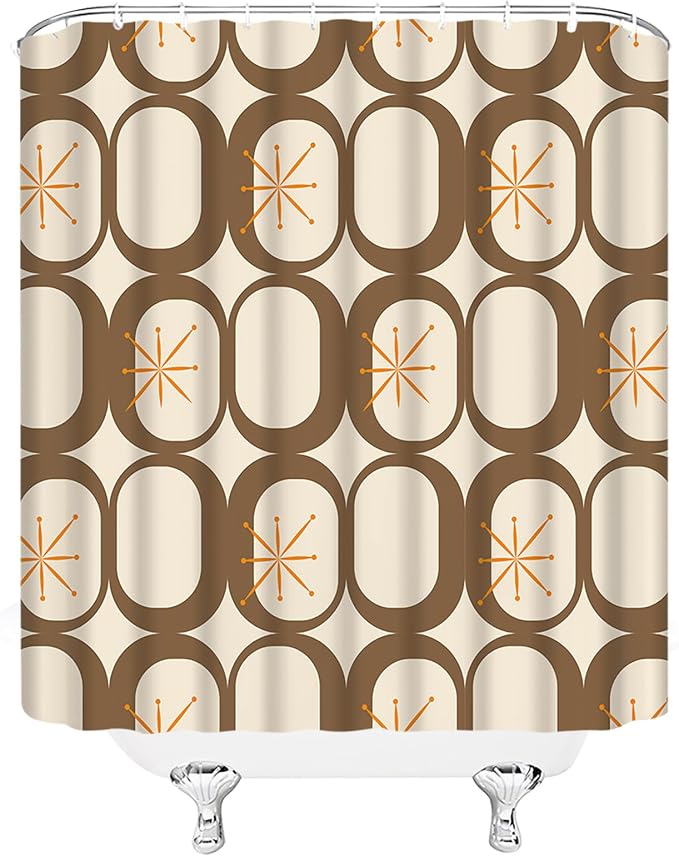 Mid Century Modern Extra Long Shower Curtain Abstract Atomic Geometric Round Squares Retro 50s Brown Fabic with Hooks for Bathroom Decor,70x78 Inch