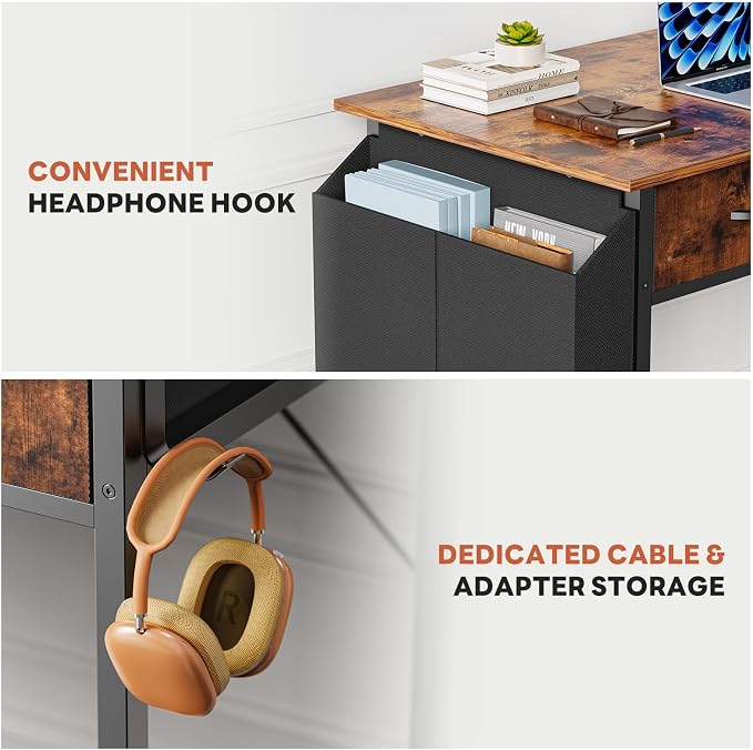 DUMOS 32" Home Office Computer Desk with Drawers, Small Gaming Writing Study Table with Storage Side Bag, Headphone Hook and Adjustable Feet for Bedroom Rustic Brown