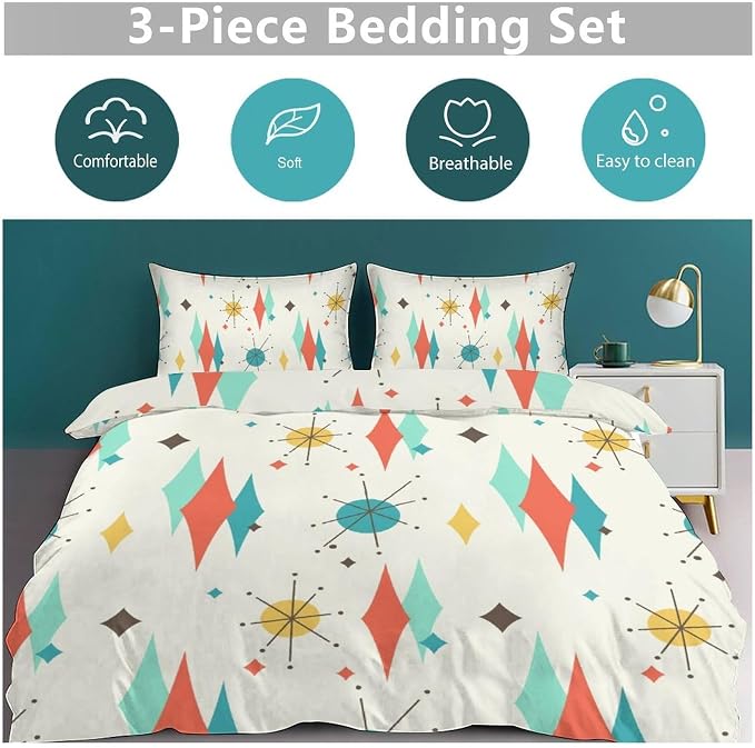 Mid Century Modern Bedding Set,1950s 1960s Vintage Abstract Atomic Stars Geometric Diamond Pastel Pattern Comforter Set with Pillowcase for Bedroom Bed Decor，Twin 86"x70"