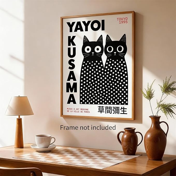 EOLRCIG Black and White Cute Abstract Cat Wall Art Japanese Yayoi Kusama Canvas Poster Modern Fashion Minimalist Painting for Living Room Wall Decor 16X24 inch Unframed Cat Lover Gifts