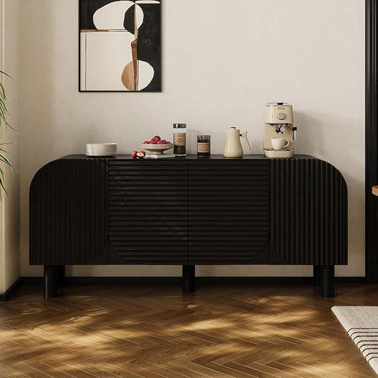 Rophefx 71" Curved Sideboard Cabinet, Large Buffet Sideboard Cabinet with Arched Textured Doors, 4 Doors Credenza with Anti-Tip Device Storage Cabinet for Kitchen, Living Room, Entryway (Black)