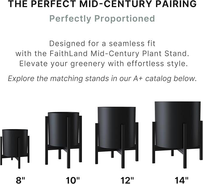 FaithLand 14 Inch Fiberstone Planter - Lightweight Modern Cylinder Plant Pot with Drainage Hole & Plug, Indoor Outdoor Use, Matte Black