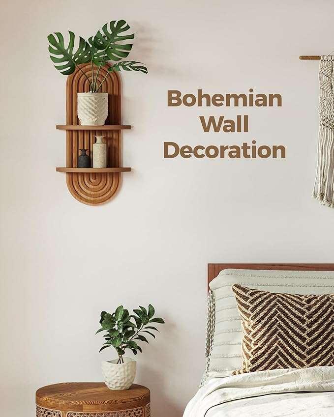Bamworld Plant Wall Shelf Boho Wall Decor Brown Hanging Plant Shelf Mid Century Modern Decor 2-Tier Wooden Floating Shelves for Home, Bathroom Living Room Office Holding Planter Decoration, 1Pcs