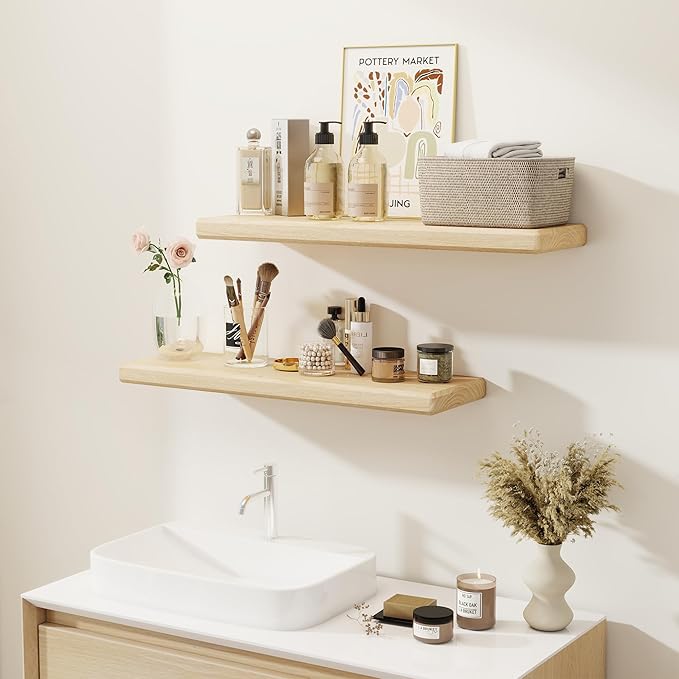 Axeman 30Inch Natural Wood Floating Shelves for Wall|Rustic Wooden Shelves for Bedroom Kitchen Bathroom|Storage Shelf with Invisible Bracket for Wall Mounted|Set of 1|Natural Color