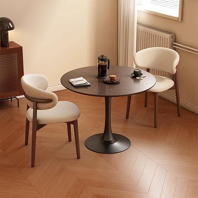27.3" Round Tulip Dining Table for 2-4 People with Walnut Top and Black Metal Pedestal Base, Mid-Century Modern Small Space Table for Kitchen, Living Room, Cafe