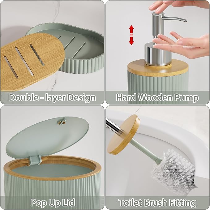 10PC Bathroom Accessories Set - Sage Green Bathroom Sets, Bathroom Accessory Set with Pop Up Trash Can, Toilet Brush, Trash Can, Qtip Holder & Soap Dispenser