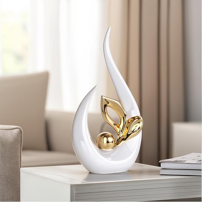 White Gold Home Decor Accent,Abstract Ceramic Statue and Sculptures for Living Room,Mid Century Modern Decor for Desktop Bookshelf tv Stand Fireplace Coffee Table Centerpieces Decorations