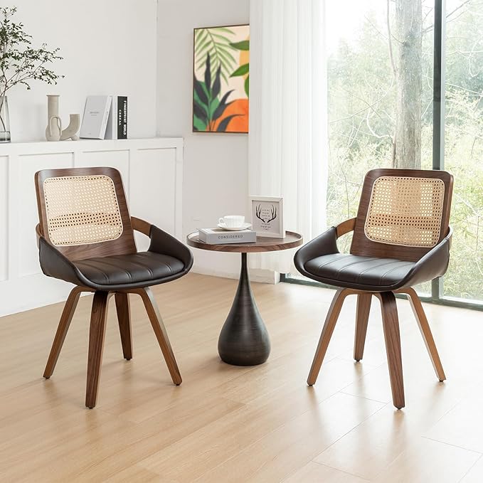 Set of 4 Mid Century Modern Chairs - Swivel Retro Walnut Dining Chairs with Ergonomic Cane Back, Curved Arms, Faux Leather Dining Chairs for Restaurant/Kitchen/Living Room (Walnut Brown)