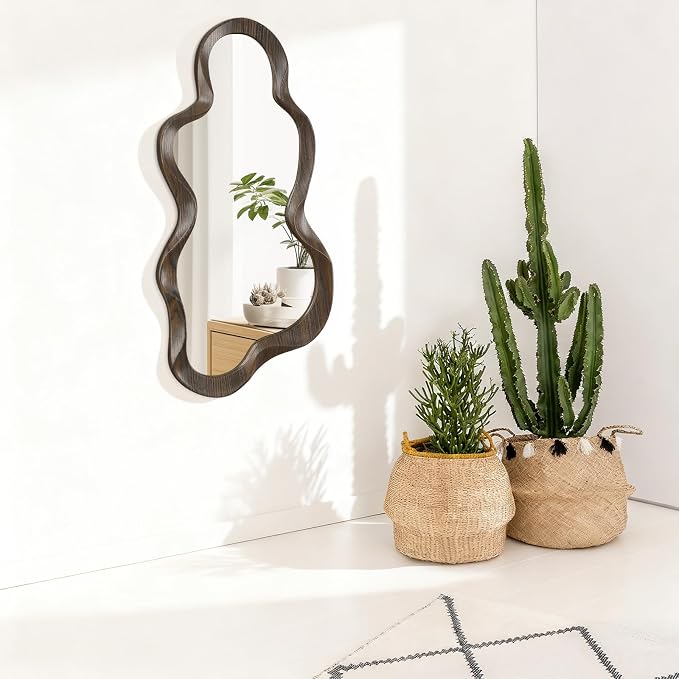 Asymmetrical Mirror Modern Wood Frame Unique Artistic Large Irregular Wall Mirrors Cute and Stylish Cloud Wavy Mirror Decorative for Cloakroom Bedroom Living Room Bathroom Entryway 30"x14"