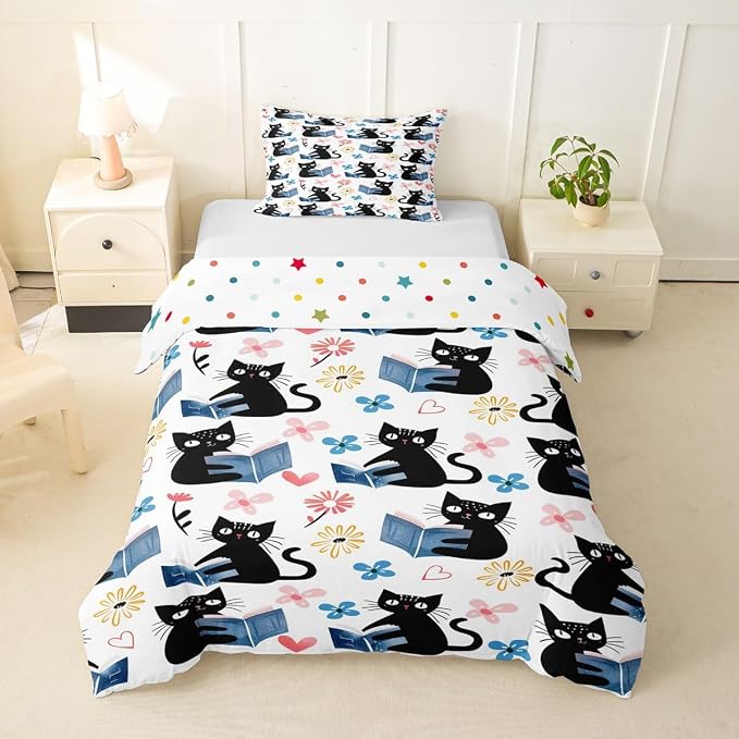 Erosebridal Kawaii Pet Cat Toddler Comforter Cover Black Kitten Cat Lovers Bedding Set Trendy Preppy Florals Duvet Cover for Kids Girls Boys Adults Cute Animals Reading Aesthetic Bed Set