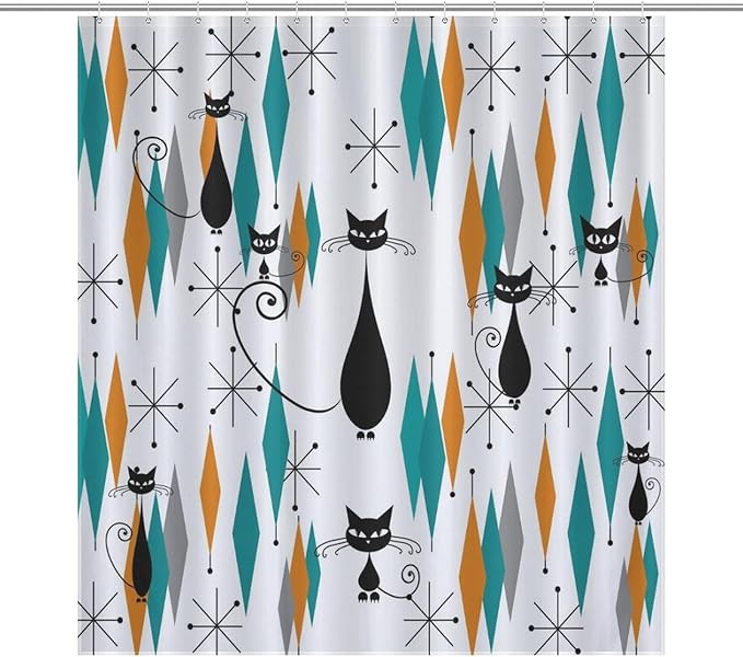 Mid Century Modern Cat Shower Curtain,Abstract Atomic Starburst Geometric Diamond Pattern Shower Curtains Set for Bathroom Fabric Decorative Bath Curtain Washable Curtain Hooks, 72x72”