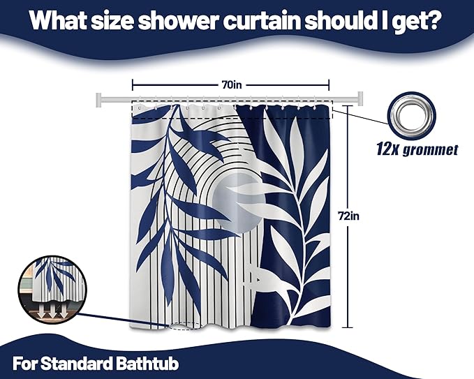 Navy Blue Shower Curtain Boho Mid Century Modern Blue and White Shower Curtain for Bathroom Decor Sets, Waterproof Fabric with Hooks, 70" W x 72" L