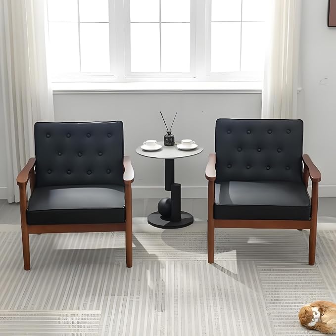 JIASTING Mid-Century Retro Modern Solid Wood Armrest Black Accent Chairs Set of 2, Faux Leather Arm Chairs for Living Room, Waiting Room Chairs (2, Black)