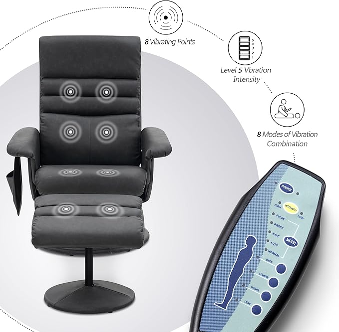 MCombo Recliner with Ottoman, Reclining Chair with Massage, 360 Swivel Living Room Chair Faux Leather, 7902 (Dark Grey)
